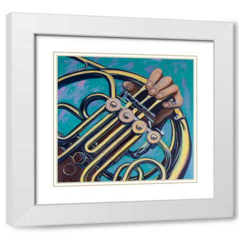Musicien with French Horn White Modern Wood Framed Art Print with Double Matting by Atelier B Art Studio