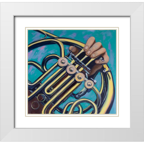 Musicien with French Horn White Modern Wood Framed Art Print with Double Matting by Atelier B Art Studio