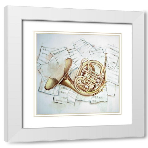 HORN ON MUSIC SHEET White Modern Wood Framed Art Print with Double Matting by Atelier B Art Studio
