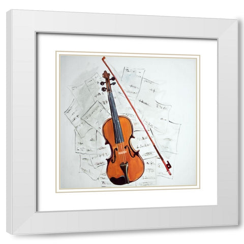 VIOLIN ON MUSIC SHEET White Modern Wood Framed Art Print with Double Matting by Atelier B Art Studio