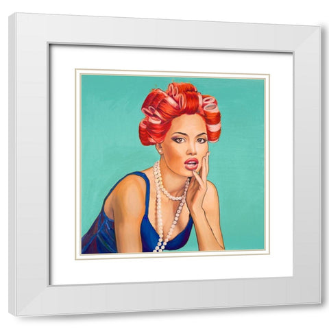 PIN UP GIRL WITH CURLERS White Modern Wood Framed Art Print with Double Matting by Atelier B Art Studio