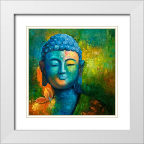 BLISSFUL BUDDHA White Modern Wood Framed Art Print with Double Matting by Atelier B Art Studio