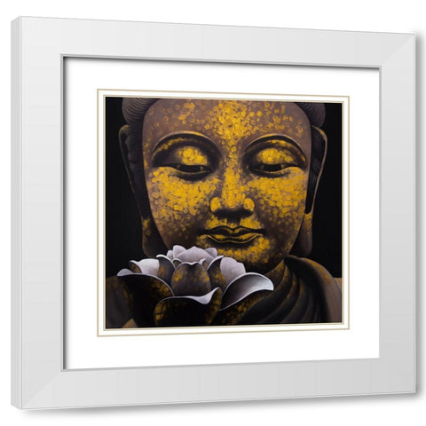 THE ETERNAL SMILE OF BUDDHA AND HIS LOTUS White Modern Wood Framed Art Print with Double Matting by Atelier B Art Studio