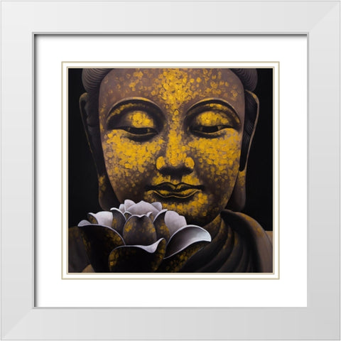 THE ETERNAL SMILE OF BUDDHA AND HIS LOTUS White Modern Wood Framed Art Print with Double Matting by Atelier B Art Studio
