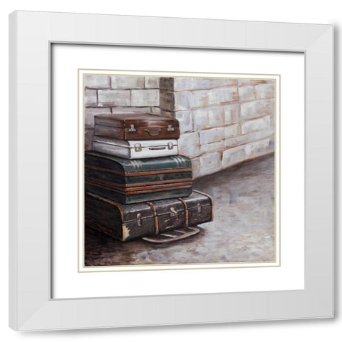 Four Old Traveling Suitcases White Modern Wood Framed Art Print with Double Matting by Atelier B Art Studio