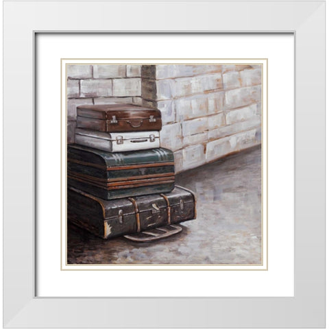 Four Old Traveling Suitcases White Modern Wood Framed Art Print with Double Matting by Atelier B Art Studio