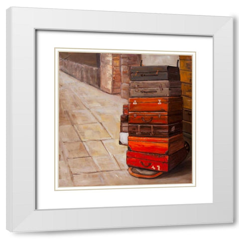 Old Traveling Suitcases White Modern Wood Framed Art Print with Double Matting by Atelier B Art Studio