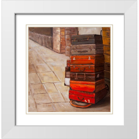 Old Traveling Suitcases White Modern Wood Framed Art Print with Double Matting by Atelier B Art Studio