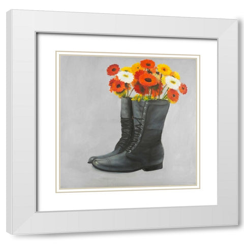 Boots with Daisy Flowers White Modern Wood Framed Art Print with Double Matting by Atelier B Art Studio