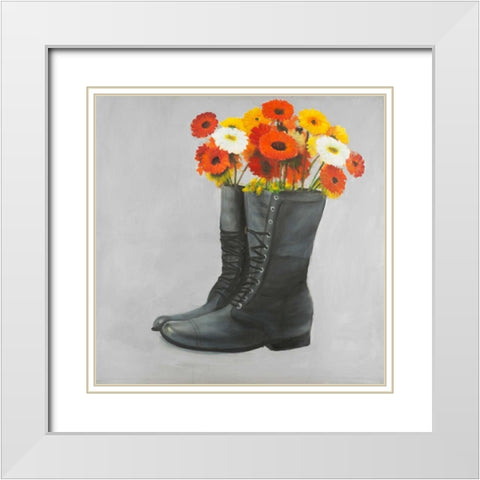 Boots with Daisy Flowers White Modern Wood Framed Art Print with Double Matting by Atelier B Art Studio