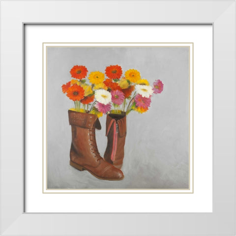 Leather Boots with Daisy Flowers White Modern Wood Framed Art Print with Double Matting by Atelier B Art Studio