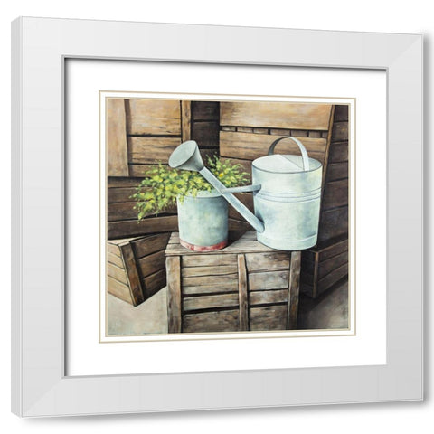 Vintage watering can White Modern Wood Framed Art Print with Double Matting by Atelier B Art Studio
