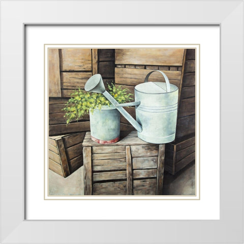 Vintage watering can White Modern Wood Framed Art Print with Double Matting by Atelier B Art Studio