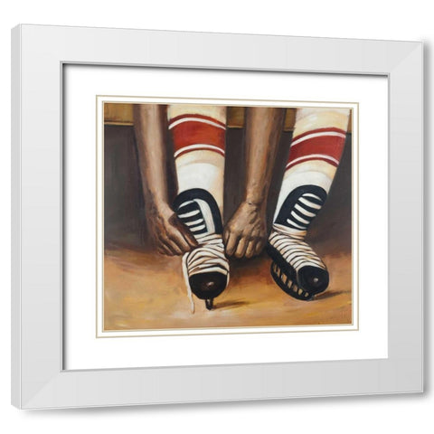 Hockey Player ties his Skates White Modern Wood Framed Art Print with Double Matting by Atelier B Art Studio