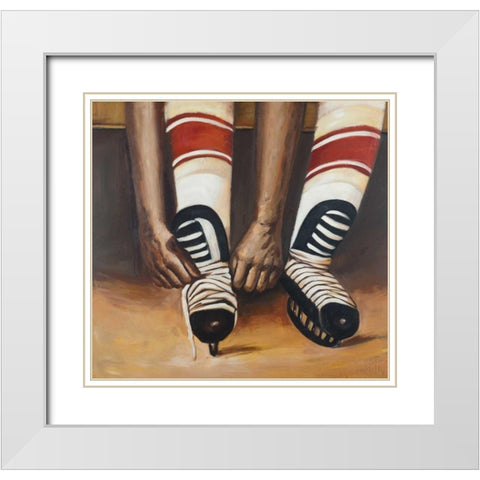 Hockey Player ties his Skates White Modern Wood Framed Art Print with Double Matting by Atelier B Art Studio