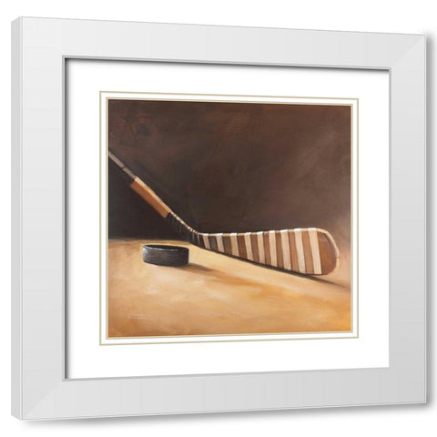 Stick and Hockey Puck White Modern Wood Framed Art Print with Double Matting by Atelier B Art Studio
