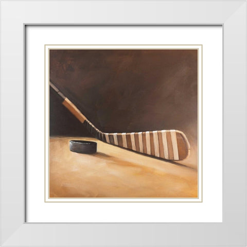 Stick and Hockey Puck White Modern Wood Framed Art Print with Double Matting by Atelier B Art Studio