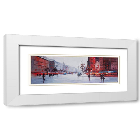 BLACK AND RED STREET SCENE White Modern Wood Framed Art Print with Double Matting by Atelier B Art Studio