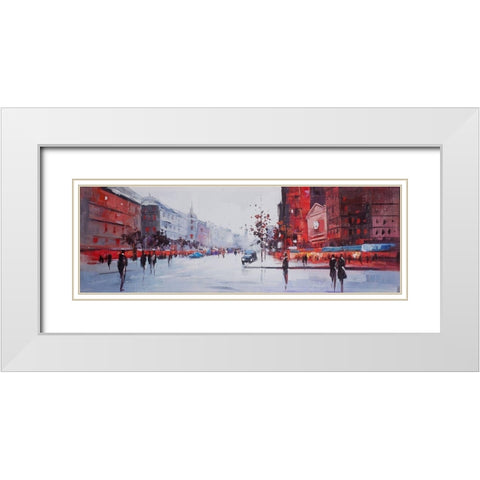 BLACK AND RED STREET SCENE White Modern Wood Framed Art Print with Double Matting by Atelier B Art Studio