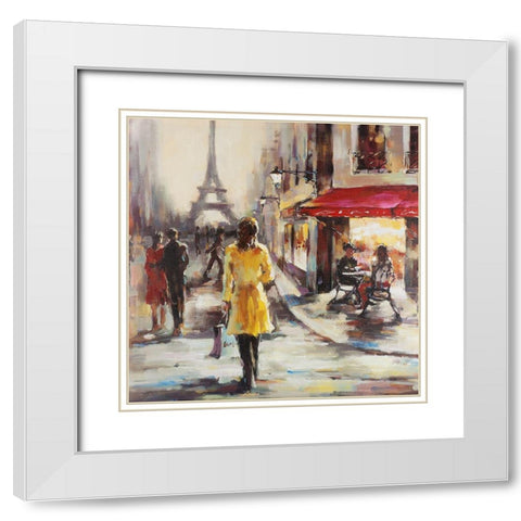 Yellow coat woman walking on the street White Modern Wood Framed Art Print with Double Matting by Atelier B Art Studio