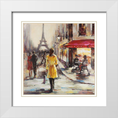 Yellow coat woman walking on the street White Modern Wood Framed Art Print with Double Matting by Atelier B Art Studio