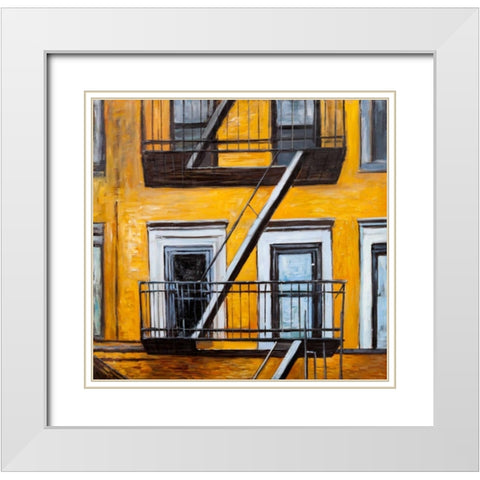 Building Old Fire Escape White Modern Wood Framed Art Print with Double Matting by Atelier B Art Studio