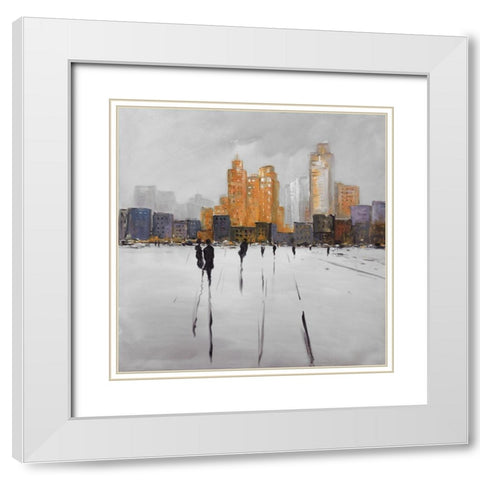 SILHOUETTES WALKING TOWARDS THE CITY White Modern Wood Framed Art Print with Double Matting by Atelier B Art Studio