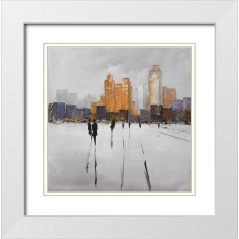 SILHOUETTES WALKING TOWARDS THE CITY White Modern Wood Framed Art Print with Double Matting by Atelier B Art Studio