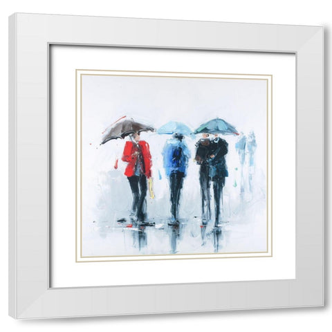 THREE PEOPLE AND THEIR UMBRELLA White Modern Wood Framed Art Print with Double Matting by Atelier B Art Studio