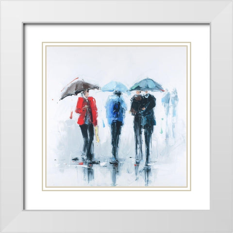 THREE PEOPLE AND THEIR UMBRELLA White Modern Wood Framed Art Print with Double Matting by Atelier B Art Studio
