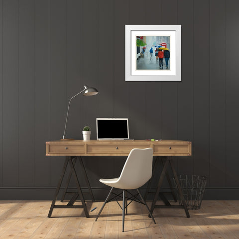 PEOPLE WALKING UNDER UMBRELLA BY A RAINY DAY White Modern Wood Framed Art Print with Double Matting by Atelier B Art Studio