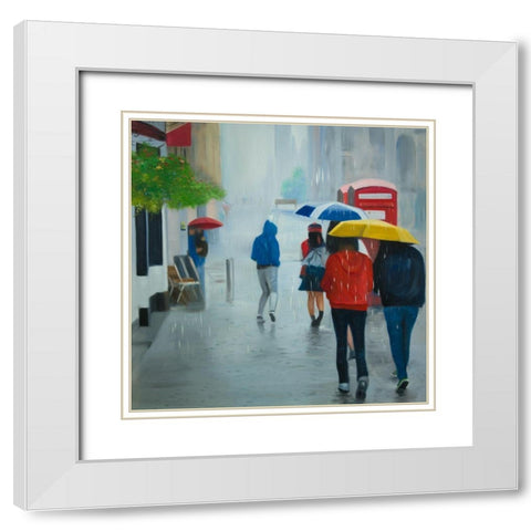 PEOPLE WALKING UNDER UMBRELLA BY A RAINY DAY White Modern Wood Framed Art Print with Double Matting by Atelier B Art Studio