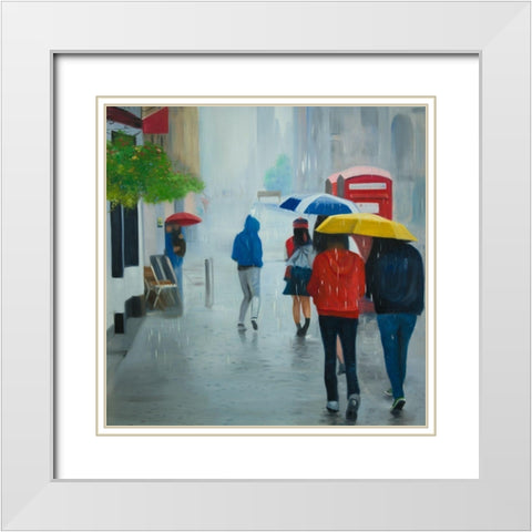 PEOPLE WALKING UNDER UMBRELLA BY A RAINY DAY White Modern Wood Framed Art Print with Double Matting by Atelier B Art Studio