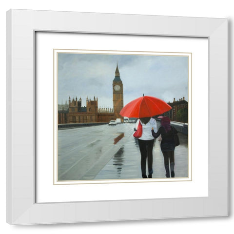 BRITISH UNDER UMBRELLA IN FRONT OF THE BIG BEN White Modern Wood Framed Art Print with Double Matting by Atelier B Art Studio