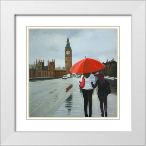 BRITISH UNDER UMBRELLA IN FRONT OF THE BIG BEN White Modern Wood Framed Art Print with Double Matting by Atelier B Art Studio