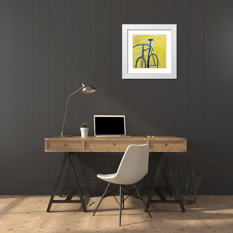BLUE BIKE ON YELLOW BACKGROUND White Modern Wood Framed Art Print with Double Matting by Atelier B Art Studio