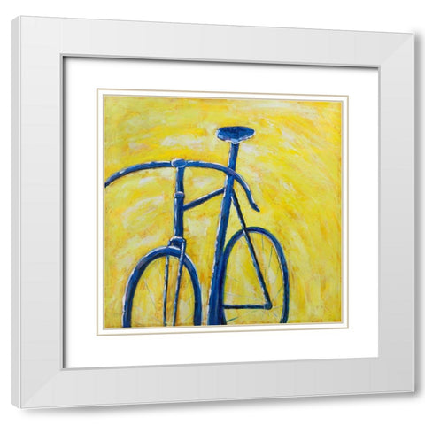 BLUE BIKE ON YELLOW BACKGROUND White Modern Wood Framed Art Print with Double Matting by Atelier B Art Studio
