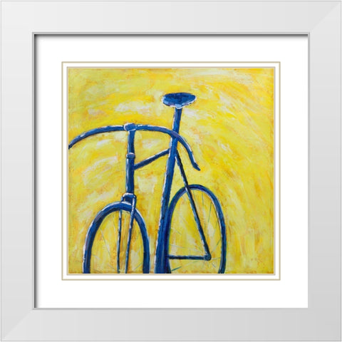 BLUE BIKE ON YELLOW BACKGROUND White Modern Wood Framed Art Print with Double Matting by Atelier B Art Studio