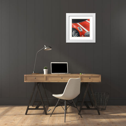 RED CAR WITH WHITE STRIPES CLOSEUP White Modern Wood Framed Art Print with Double Matting by Atelier B Art Studio