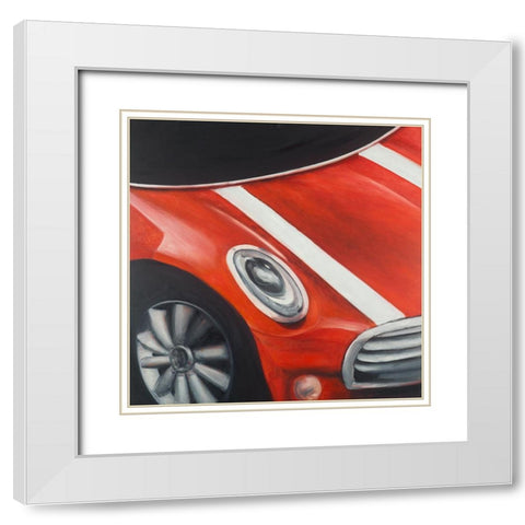 RED CAR WITH WHITE STRIPES CLOSEUP White Modern Wood Framed Art Print with Double Matting by Atelier B Art Studio