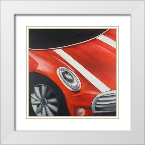 RED CAR WITH WHITE STRIPES CLOSEUP White Modern Wood Framed Art Print with Double Matting by Atelier B Art Studio