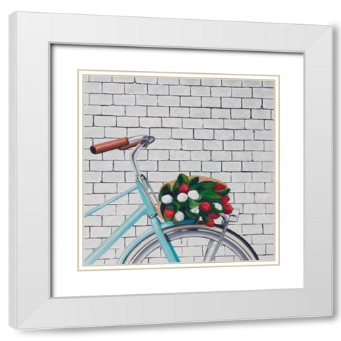 Bicycle with a Bouquet of Tulips White Modern Wood Framed Art Print with Double Matting by Atelier B Art Studio