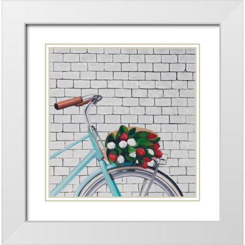 Bicycle with a Bouquet of Tulips White Modern Wood Framed Art Print with Double Matting by Atelier B Art Studio