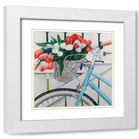 Bicycle with Tulips Flowers in Basket White Modern Wood Framed Art Print with Double Matting by Atelier B Art Studio