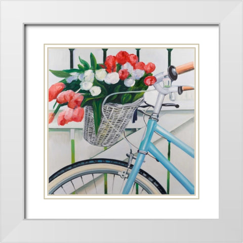 Bicycle with Tulips Flowers in Basket White Modern Wood Framed Art Print with Double Matting by Atelier B Art Studio