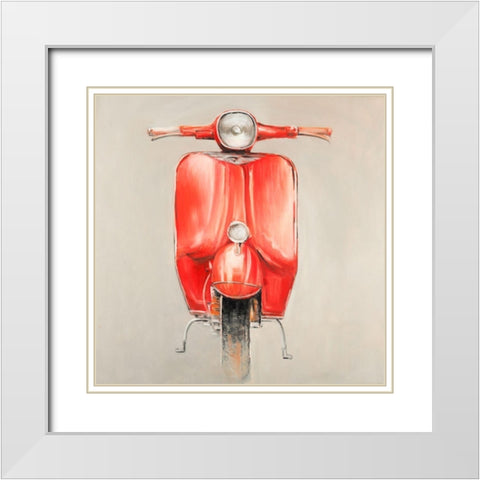 Small Red Moped White Modern Wood Framed Art Print with Double Matting by Atelier B Art Studio