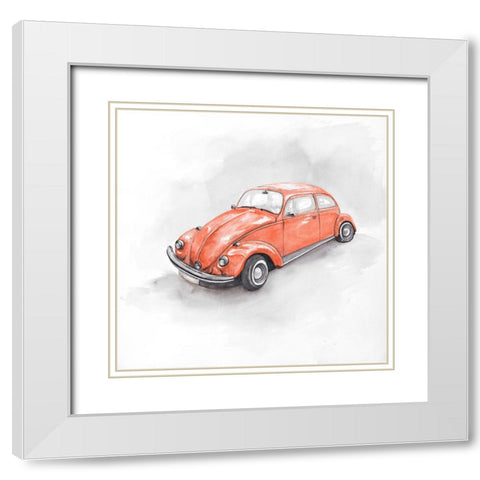 Vintage Red Beetle White Modern Wood Framed Art Print with Double Matting by Atelier B Art Studio