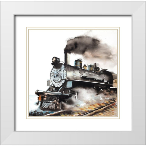 VINTAGE STEAM TRAIN White Modern Wood Framed Art Print with Double Matting by Atelier B Art Studio