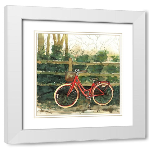 RIDING IN THE WOODS BY BICYCLE White Modern Wood Framed Art Print with Double Matting by Atelier B Art Studio