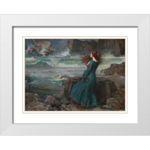Miranda, The Tempest White Modern Wood Framed Art Print with Double Matting by Waterhouse, J. W.